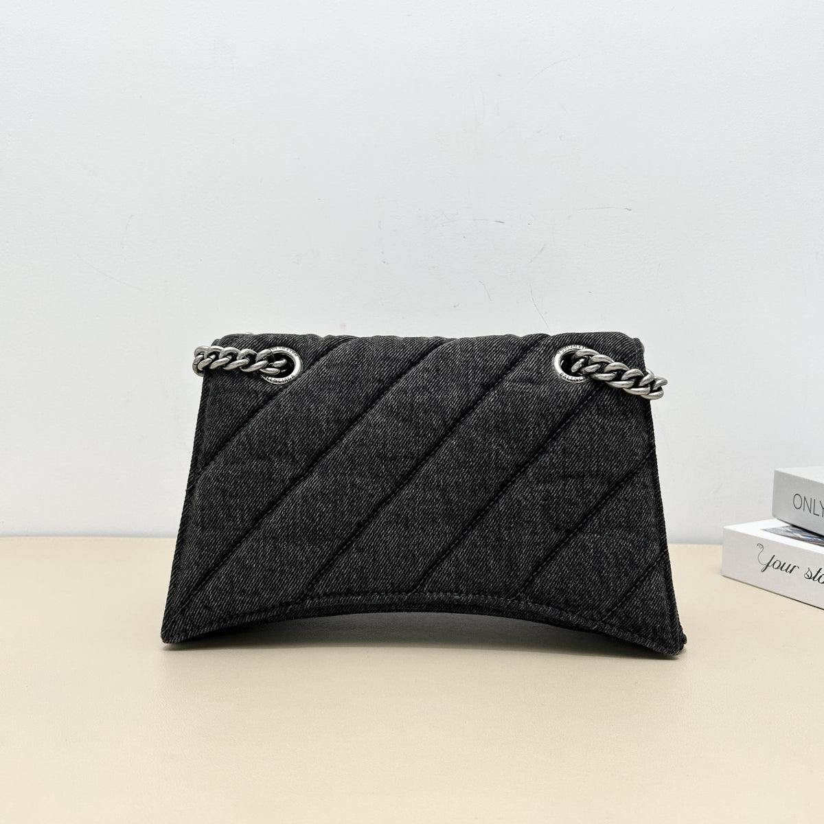 Balenciaga Quilted Denim B‑Logo Chain Shoulder Bag