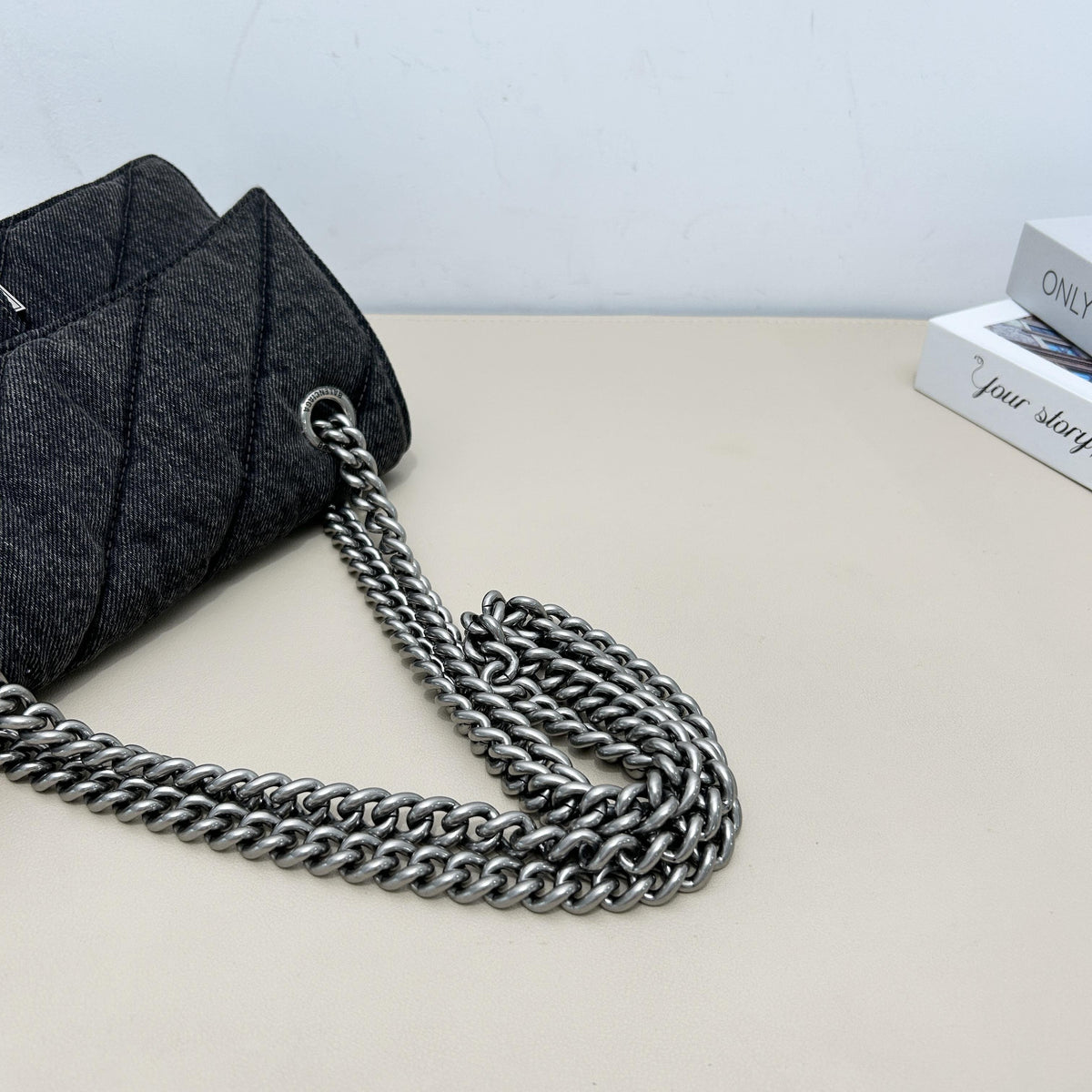 Balenciaga Quilted Denim B‑Logo Chain Shoulder Bag