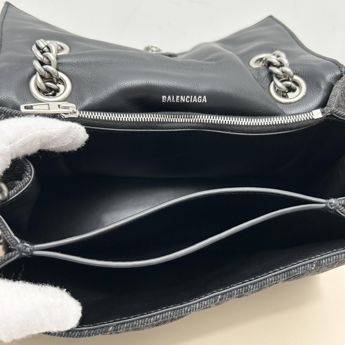 Balenciaga Quilted Denim B‑Logo Chain Shoulder Bag