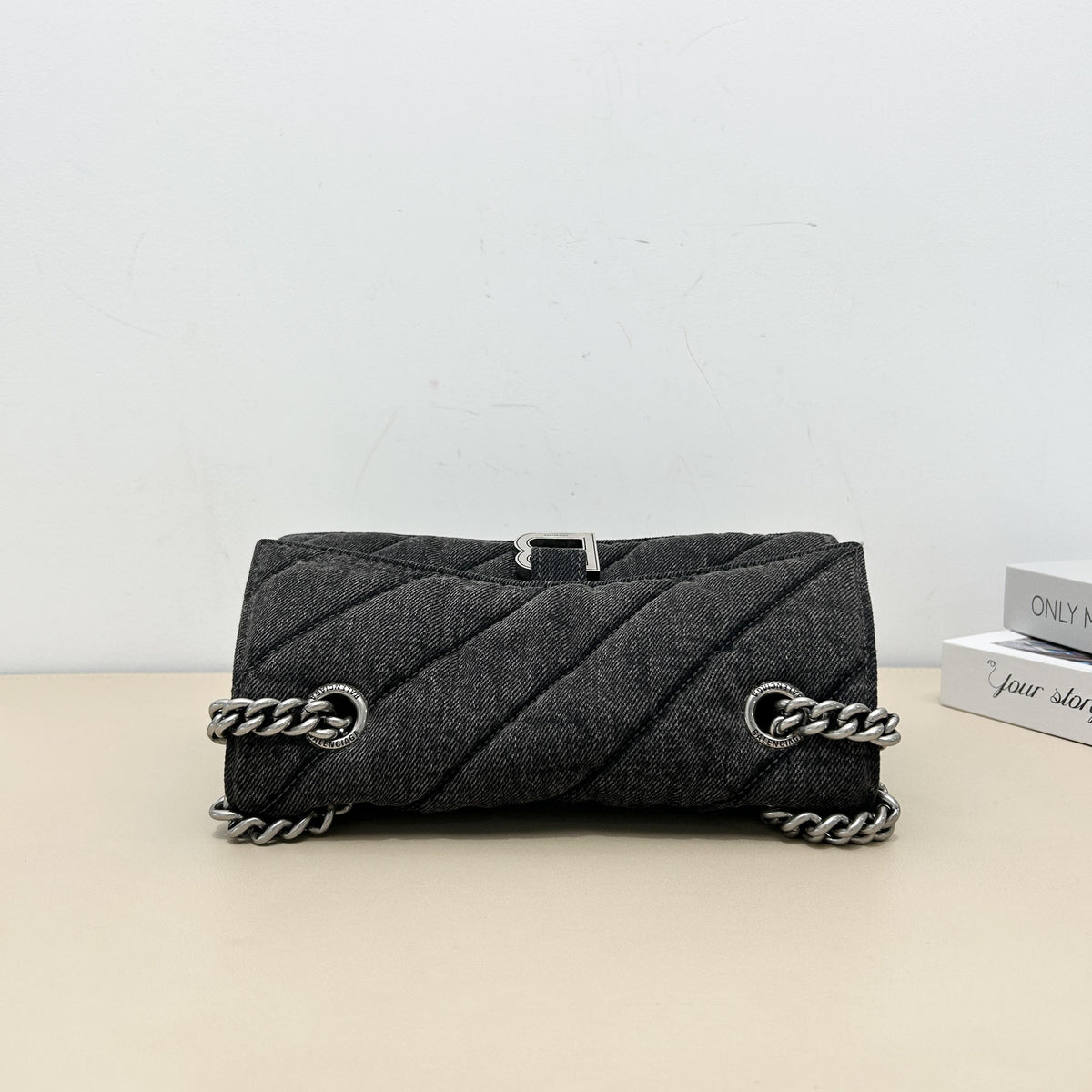 Balenciaga Quilted Denim B‑Logo Chain Shoulder Bag