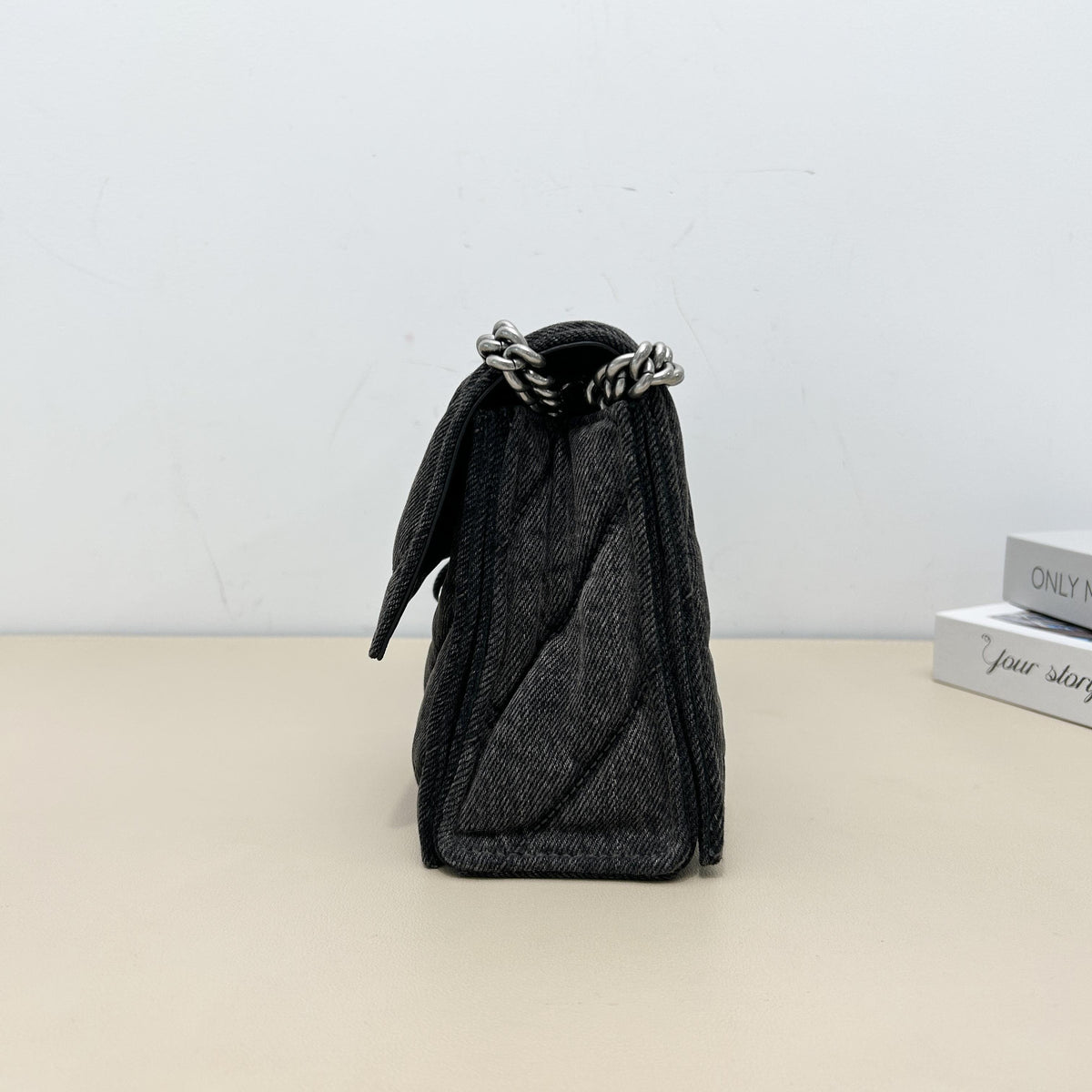 Balenciaga Quilted Denim B‑Logo Chain Shoulder Bag