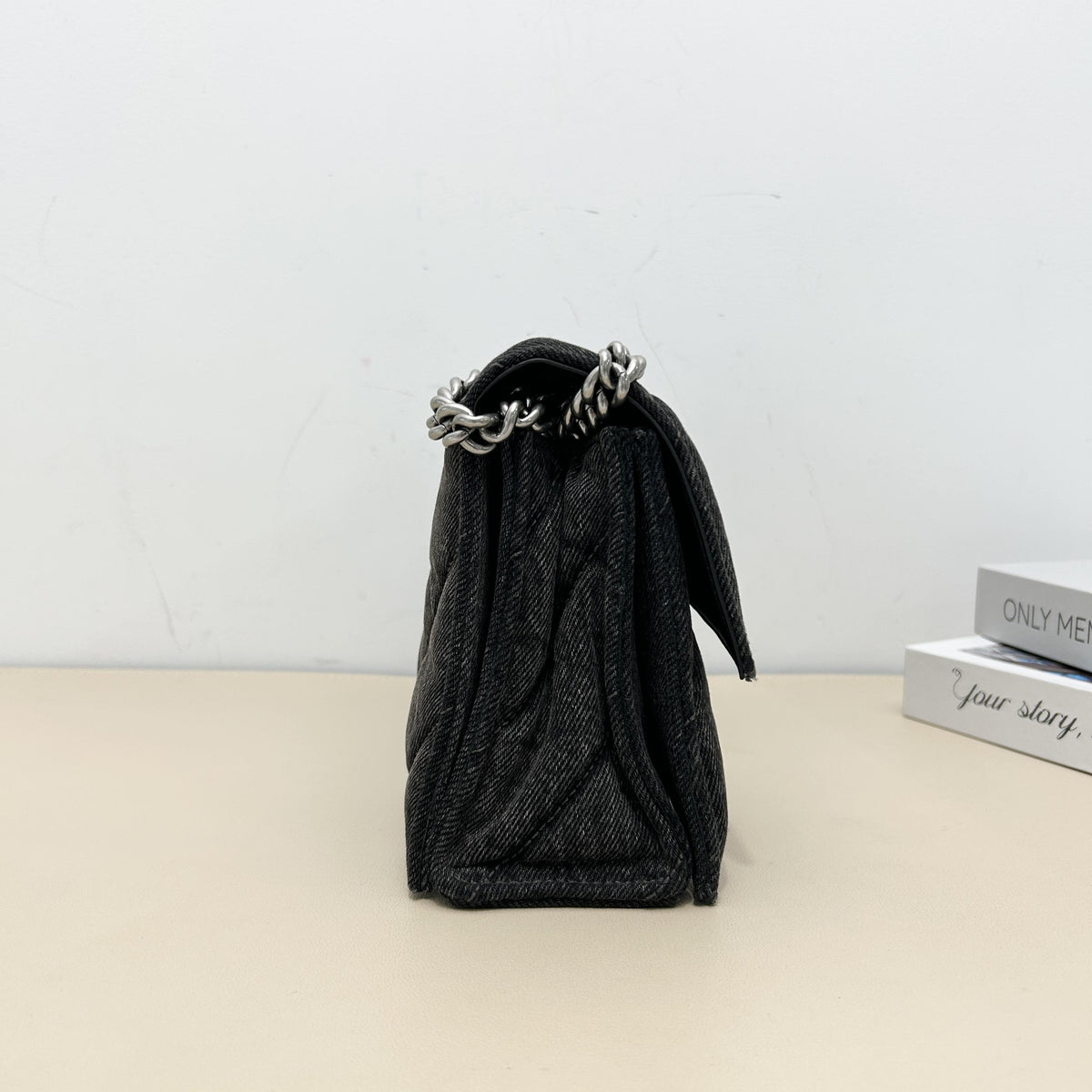 Balenciaga Quilted Denim B‑Logo Chain Shoulder Bag