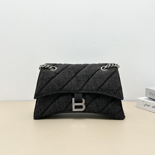 Balenciaga Quilted Denim B‑Logo Chain Shoulder Bag
