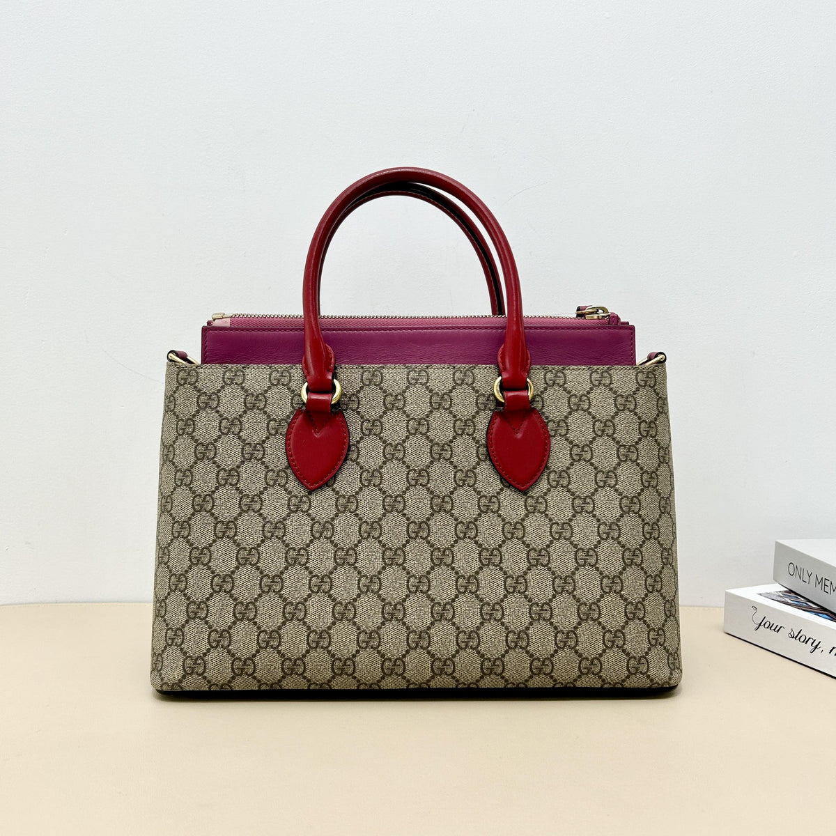 GG Supreme Canvas Red Magenta Organizer Handbag with Shoulder Strap