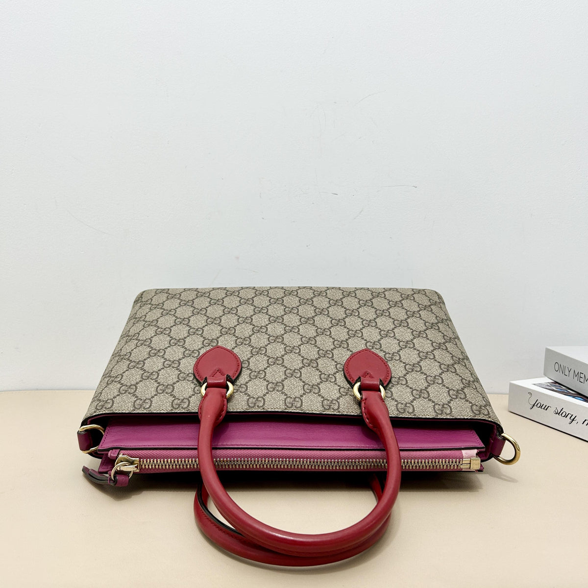 GG Supreme Canvas Red Magenta Organizer Handbag with Shoulder Strap