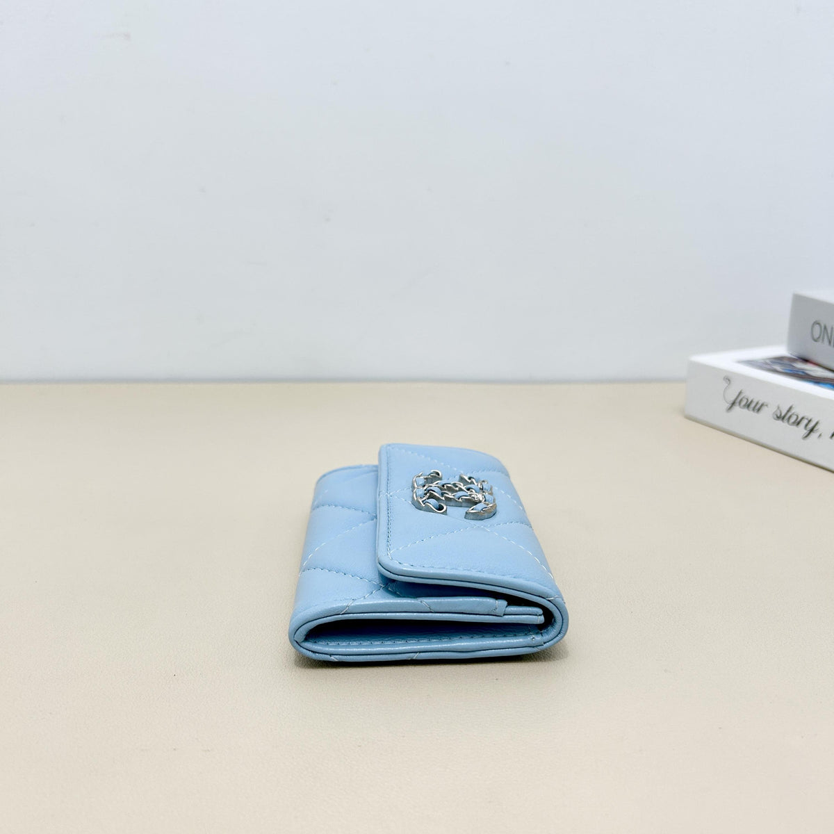 Chanel Light Blue Diamond Quilted Chain CC Short Flap Card Holder