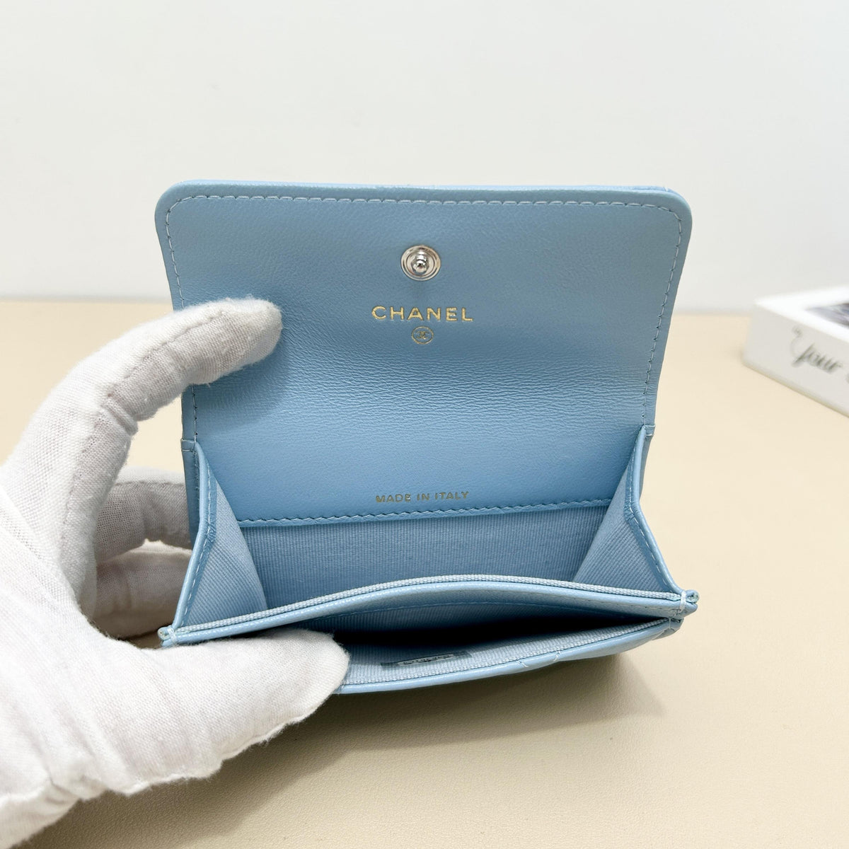 Chanel Light Blue Diamond Quilted Chain CC Short Flap Card Holder