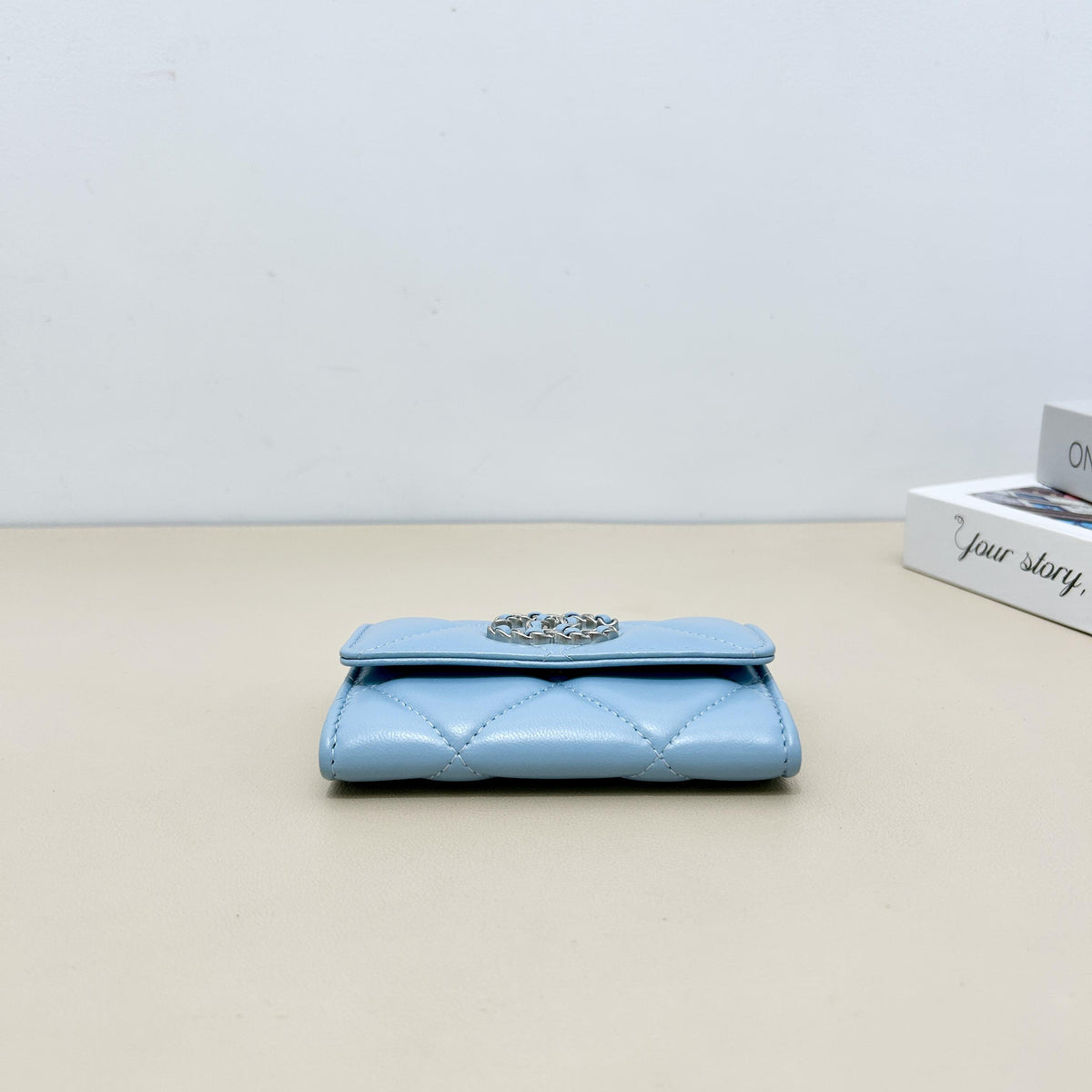 Chanel Light Blue Diamond Quilted Chain CC Short Flap Card Holder