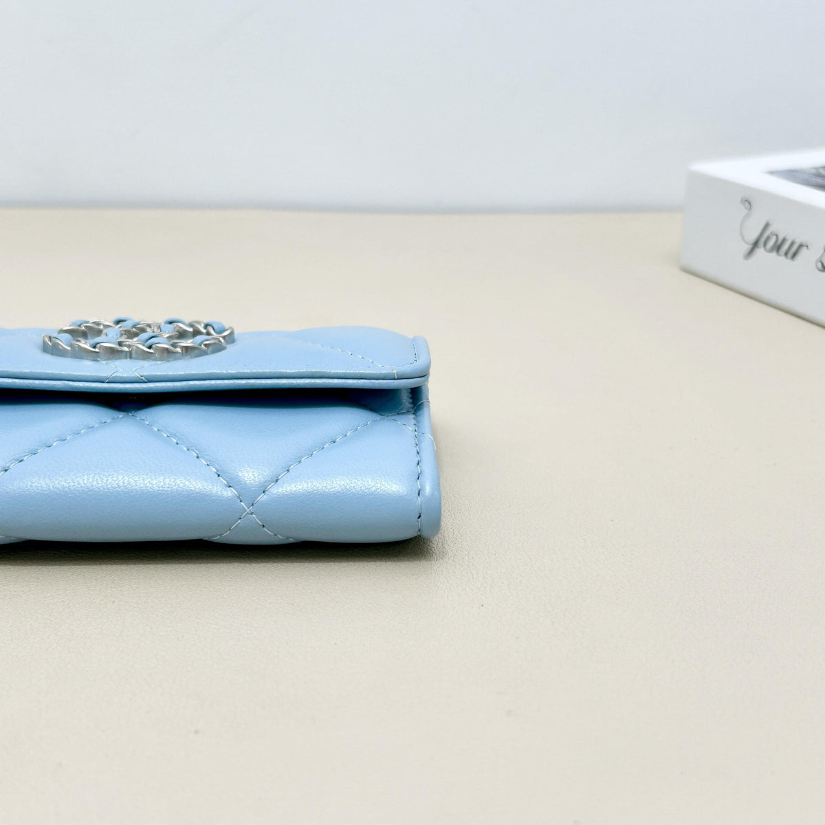 Chanel Light Blue Diamond Quilted Chain CC Short Flap Card Holder