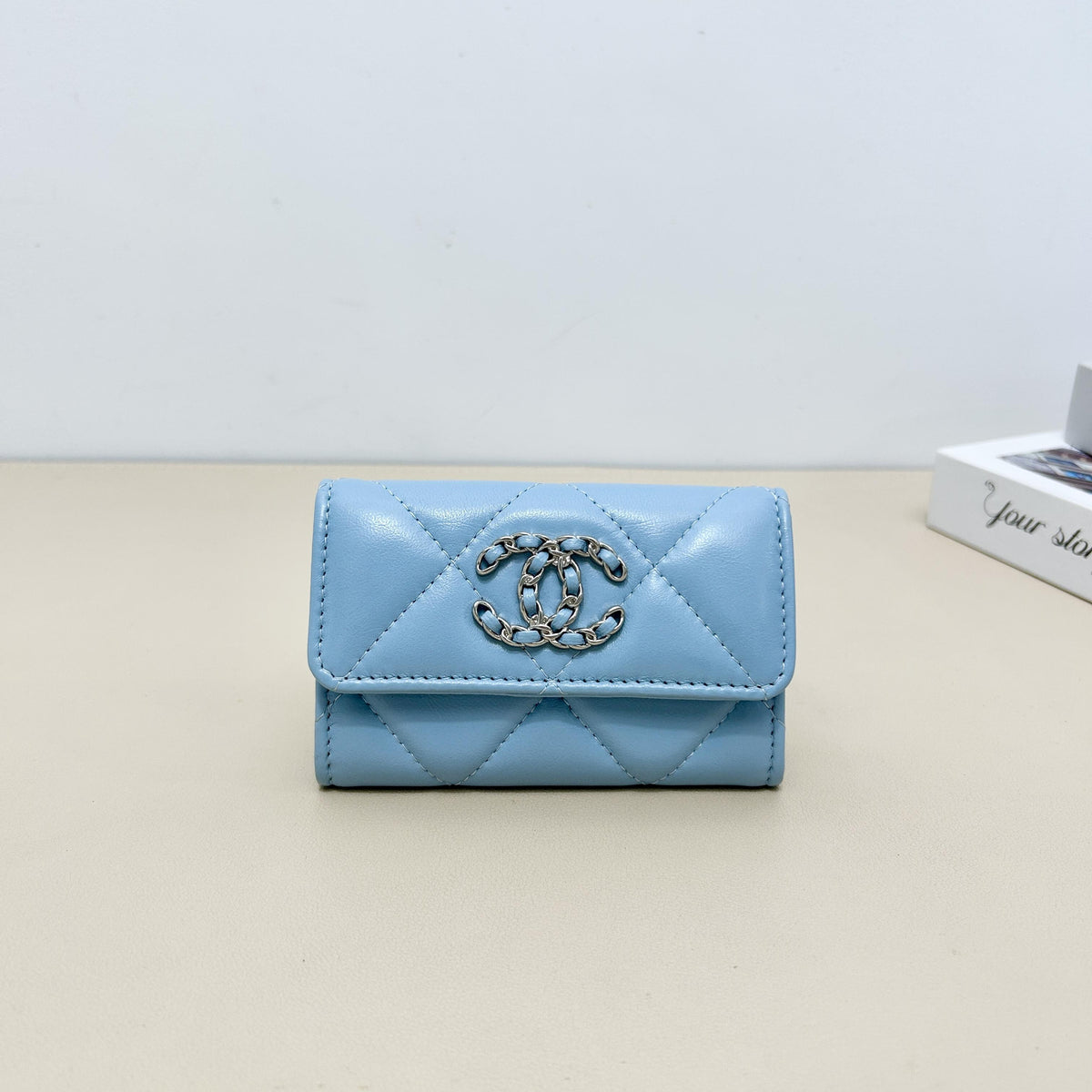 Chanel Light Blue Diamond Quilted Chain CC Short Flap Card Holder