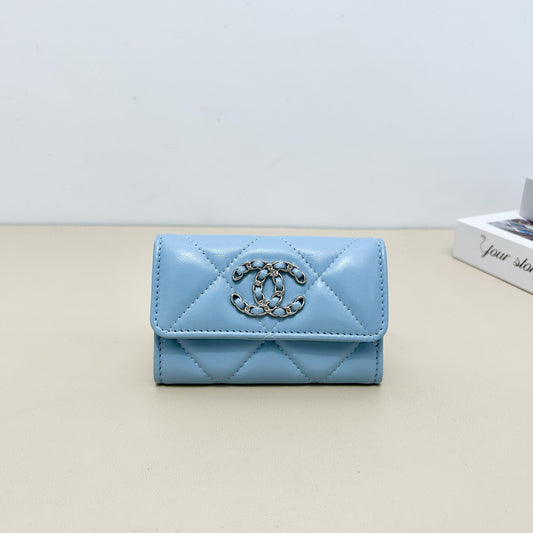 Chanel Light Blue Diamond Quilted Chain CC Short Flap Card Holder