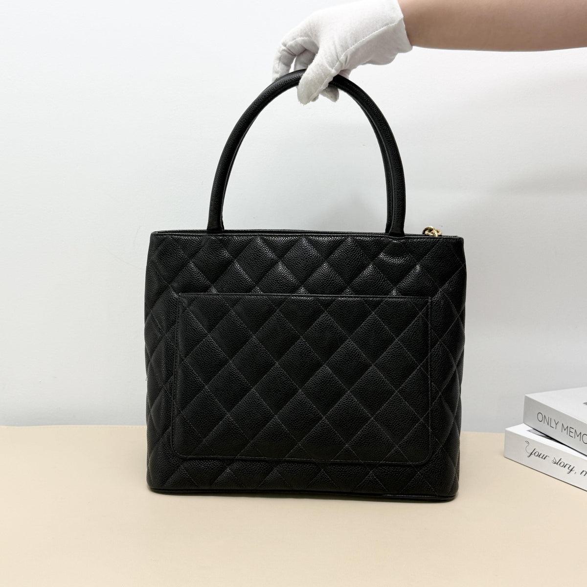 Black Caviar Leather Diamond Quilted Large CC Logo Handbag Tote