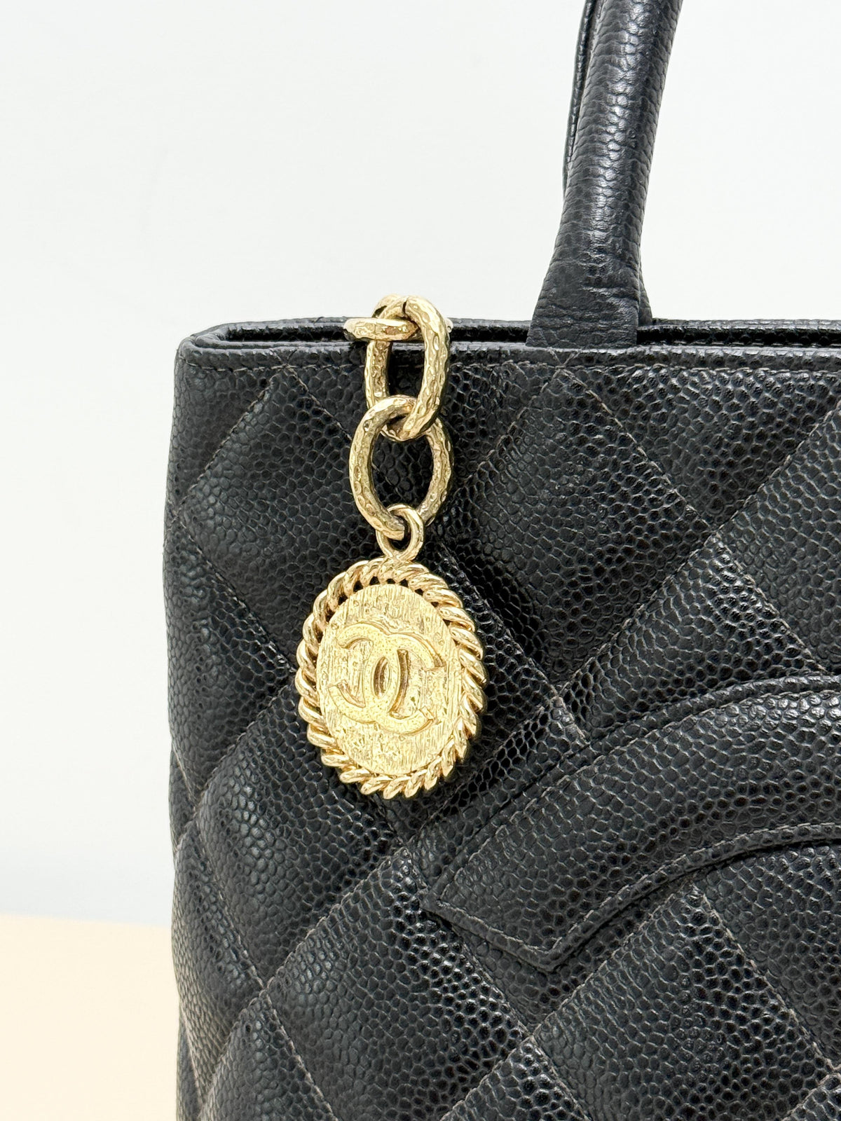 Black Caviar Leather Diamond Quilted Large CC Logo Handbag Tote
