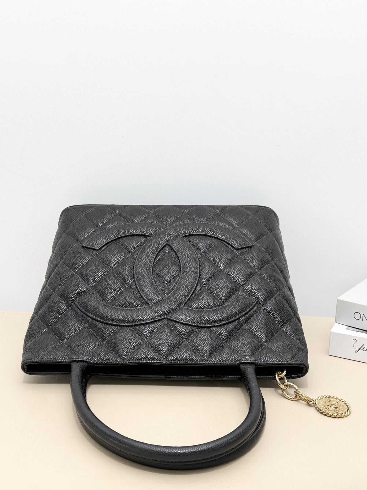 Black Caviar Leather Diamond Quilted Large CC Logo Handbag Tote
