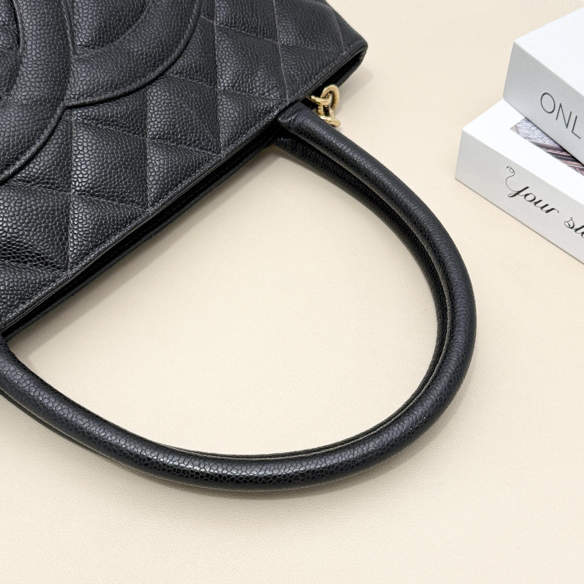 Black Caviar Leather Diamond Quilted Large CC Logo Handbag Tote