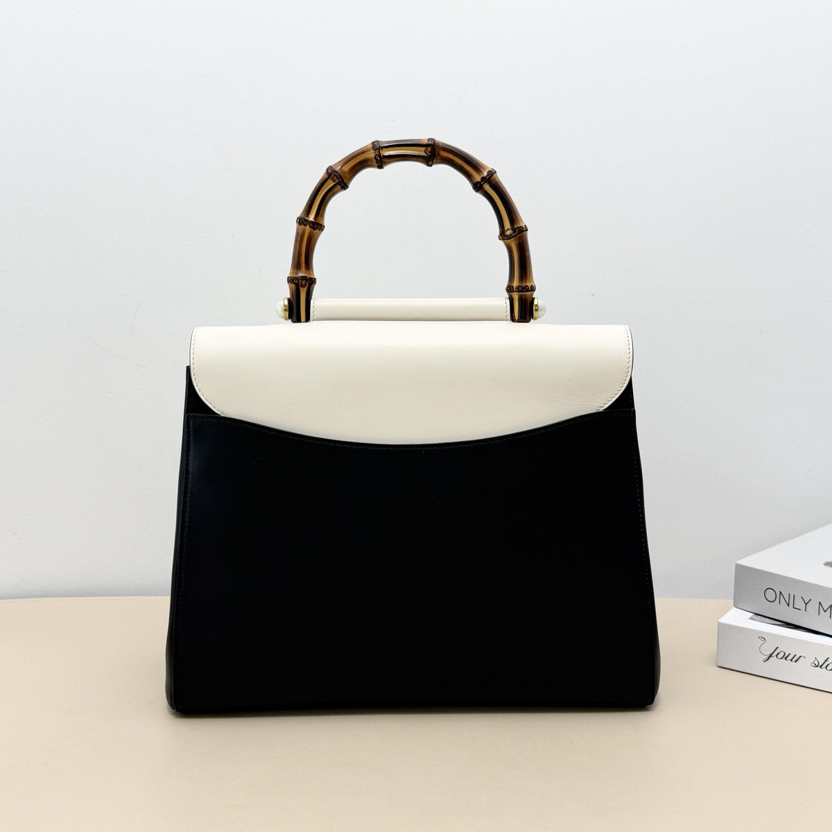 Gucci Black White Two Tone Pearl Stud Bamboo Top Handle Crossbody Bag