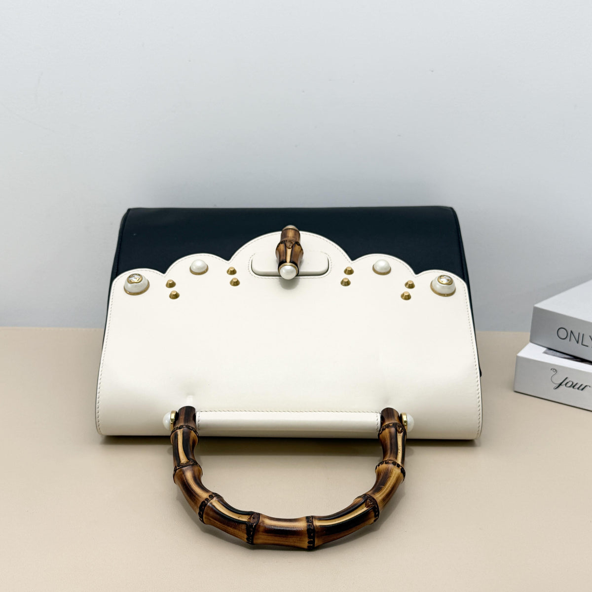 Gucci Black White Two Tone Pearl Stud Bamboo Top Handle Crossbody Bag