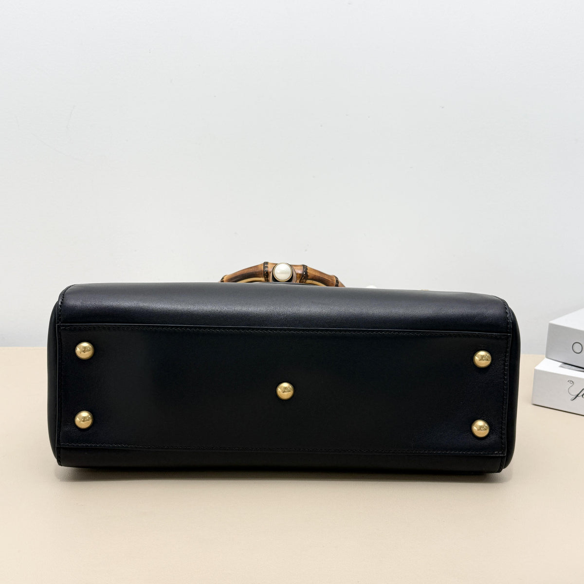 Gucci Black White Two Tone Pearl Stud Bamboo Top Handle Crossbody Bag