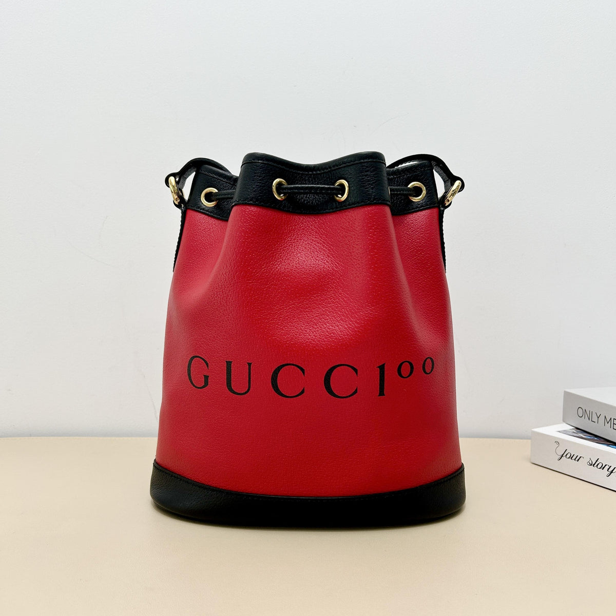 Centennial Red Leather "Gucci Shoes" Slogan Drawstring Bucket Crossbody Bag