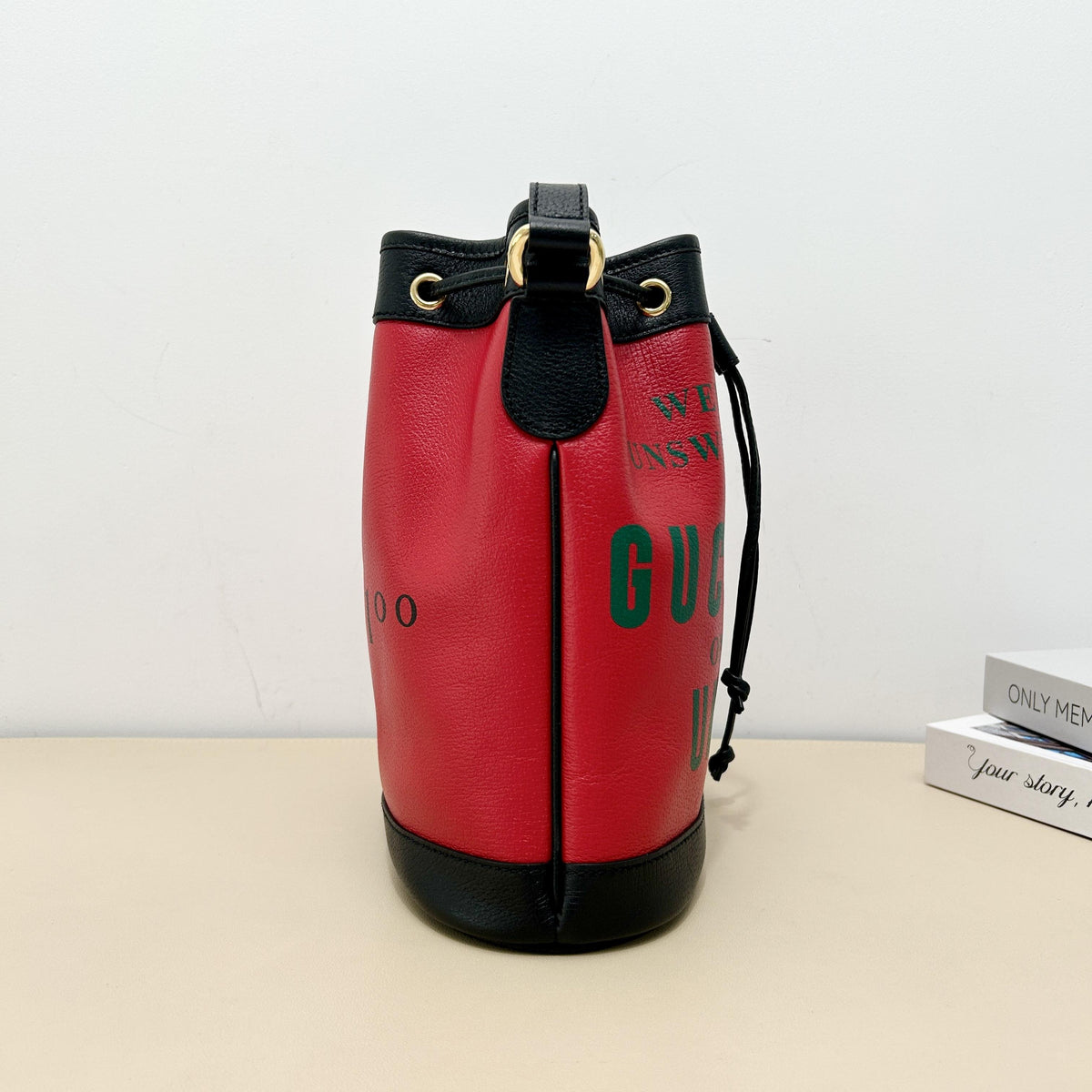 Centennial Red Leather "Gucci Shoes" Slogan Drawstring Bucket Crossbody Bag