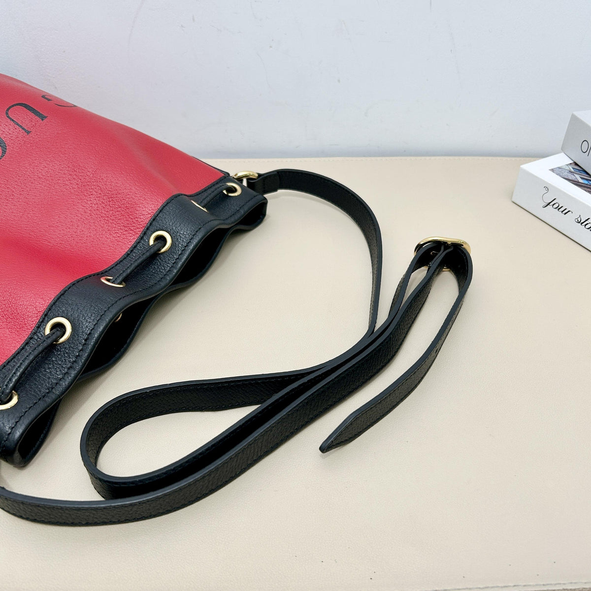 Centennial Red Leather "Gucci Shoes" Slogan Drawstring Bucket Crossbody Bag