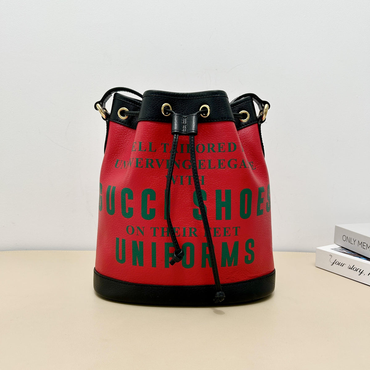 Centennial Red Leather "Gucci Shoes" Slogan Drawstring Bucket Crossbody Bag