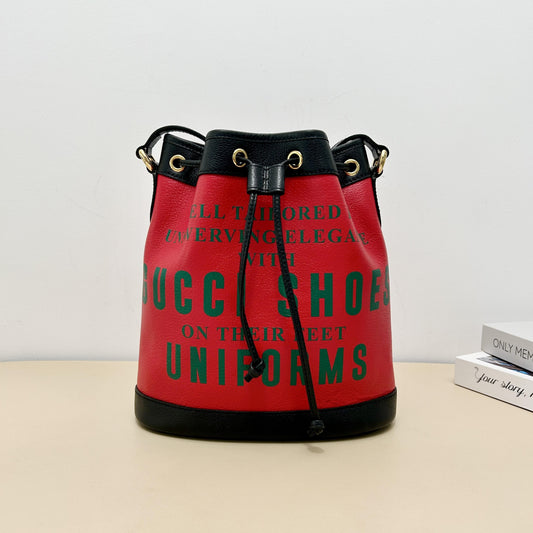 Centennial Red Leather "Gucci Shoes" Slogan Drawstring Bucket Crossbody Bag