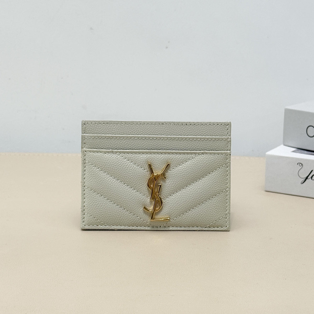 White Grain Leather Quilted YSL Logo Card Holder