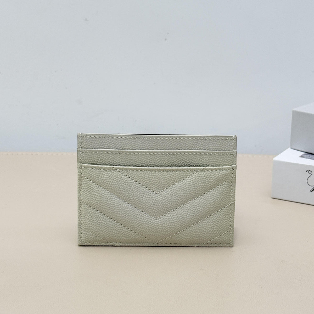 White Grain Leather Quilted YSL Logo Card Holder