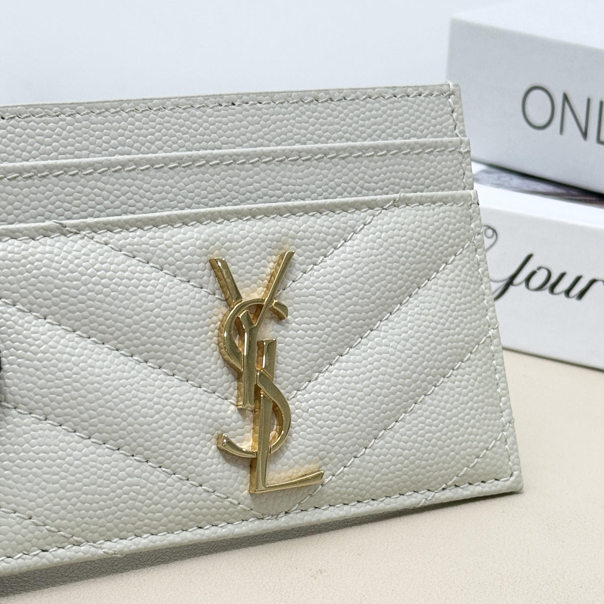 White Grain Leather Quilted YSL Logo Card Holder