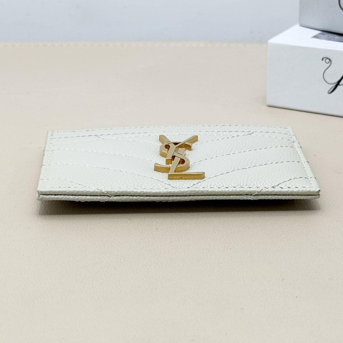 White Grain Leather Quilted YSL Logo Card Holder