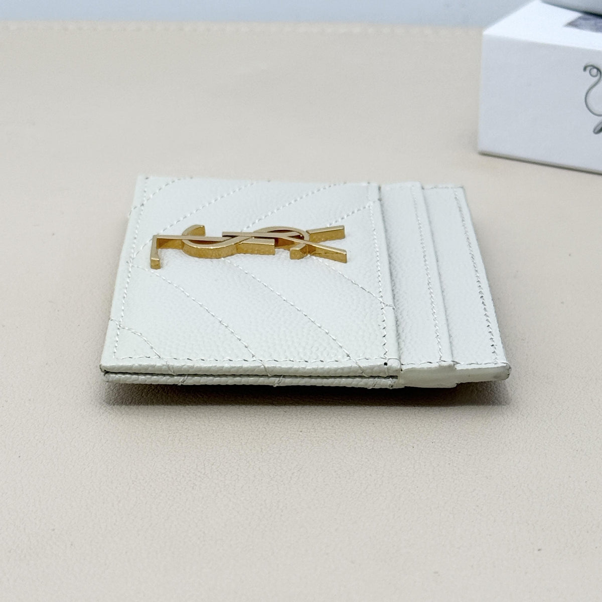White Grain Leather Quilted YSL Logo Card Holder