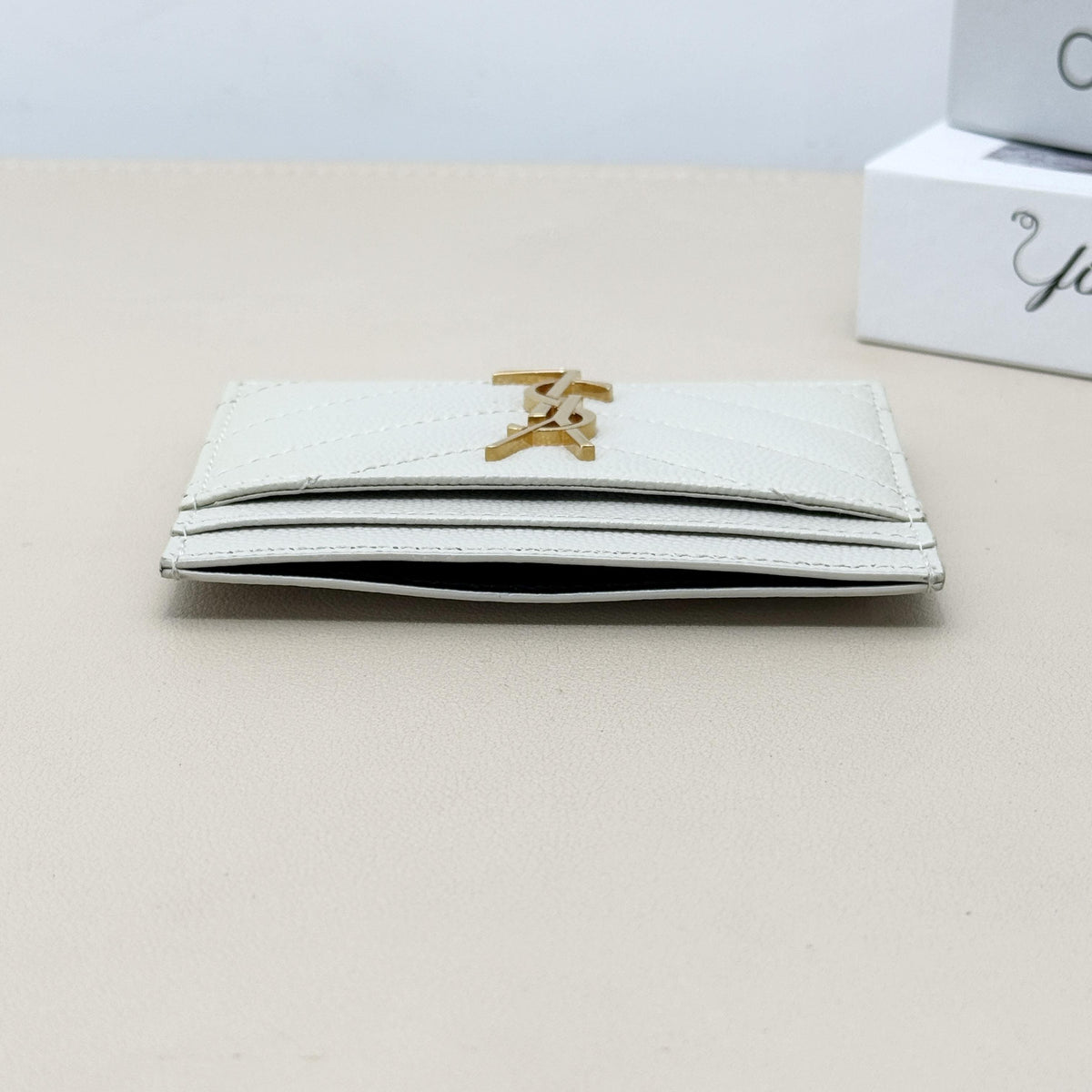 White Grain Leather Quilted YSL Logo Card Holder