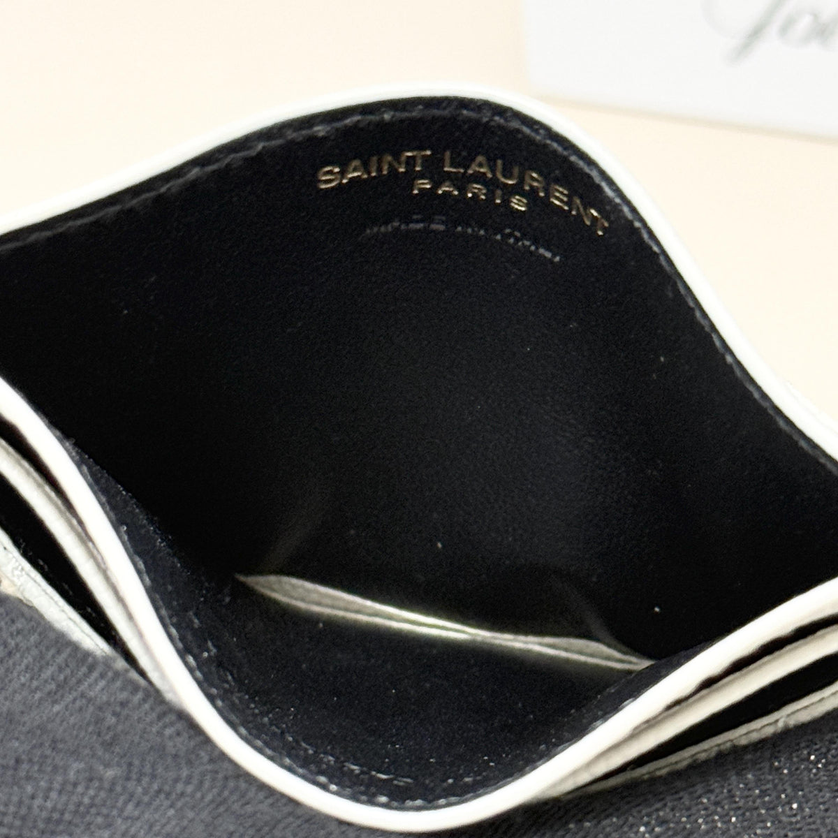 White Grain Leather Quilted YSL Logo Card Holder