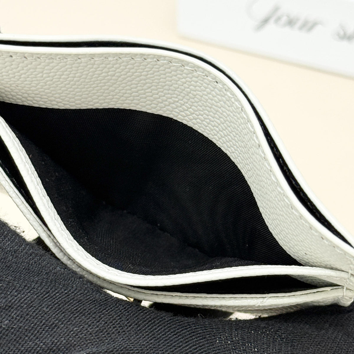 White Grain Leather Quilted YSL Logo Card Holder