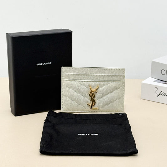 White Grain Leather Quilted YSL Logo Card Holder