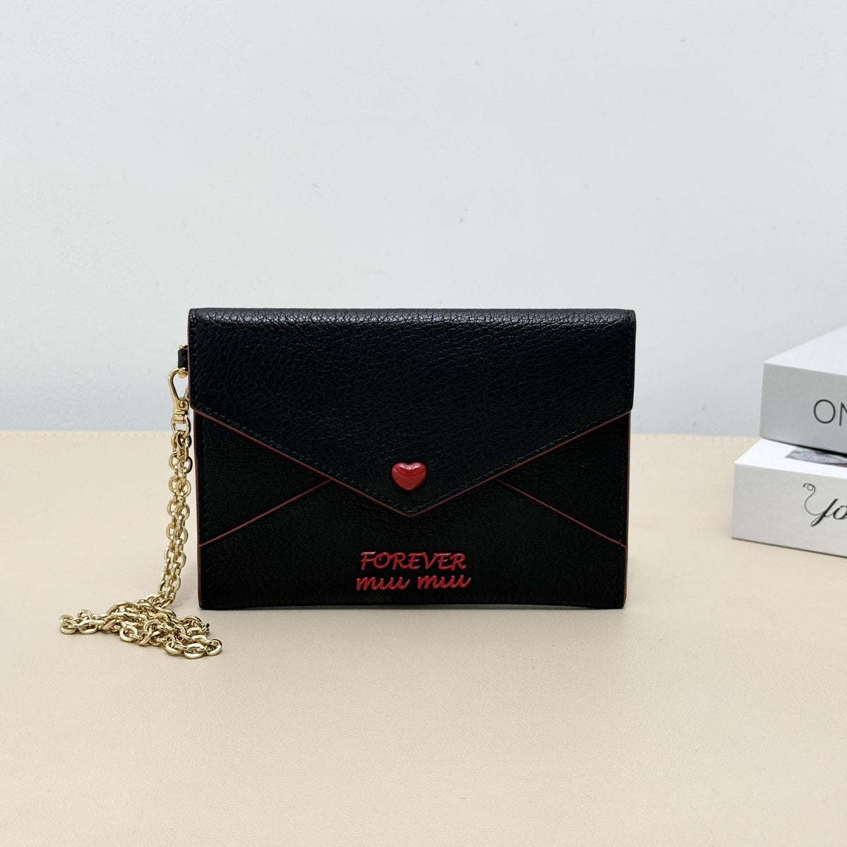 Miu Miu Black Grain Leather Heart Button Forever Envelope Chain Crossbody Wallet