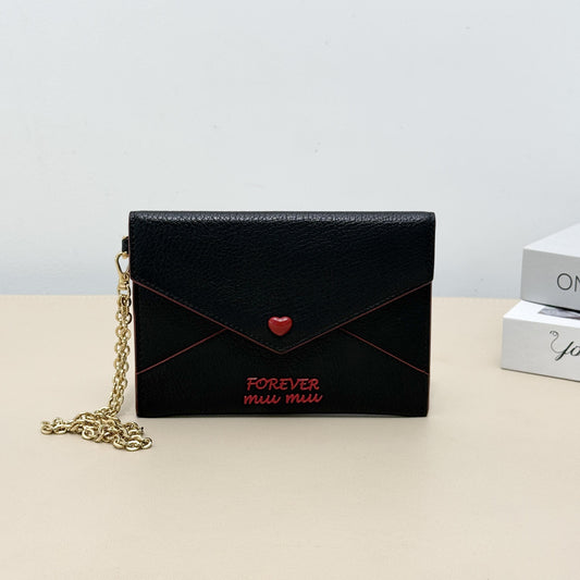 Miu Miu Black Grain Leather Heart Button Forever Envelope Chain Crossbody Wallet