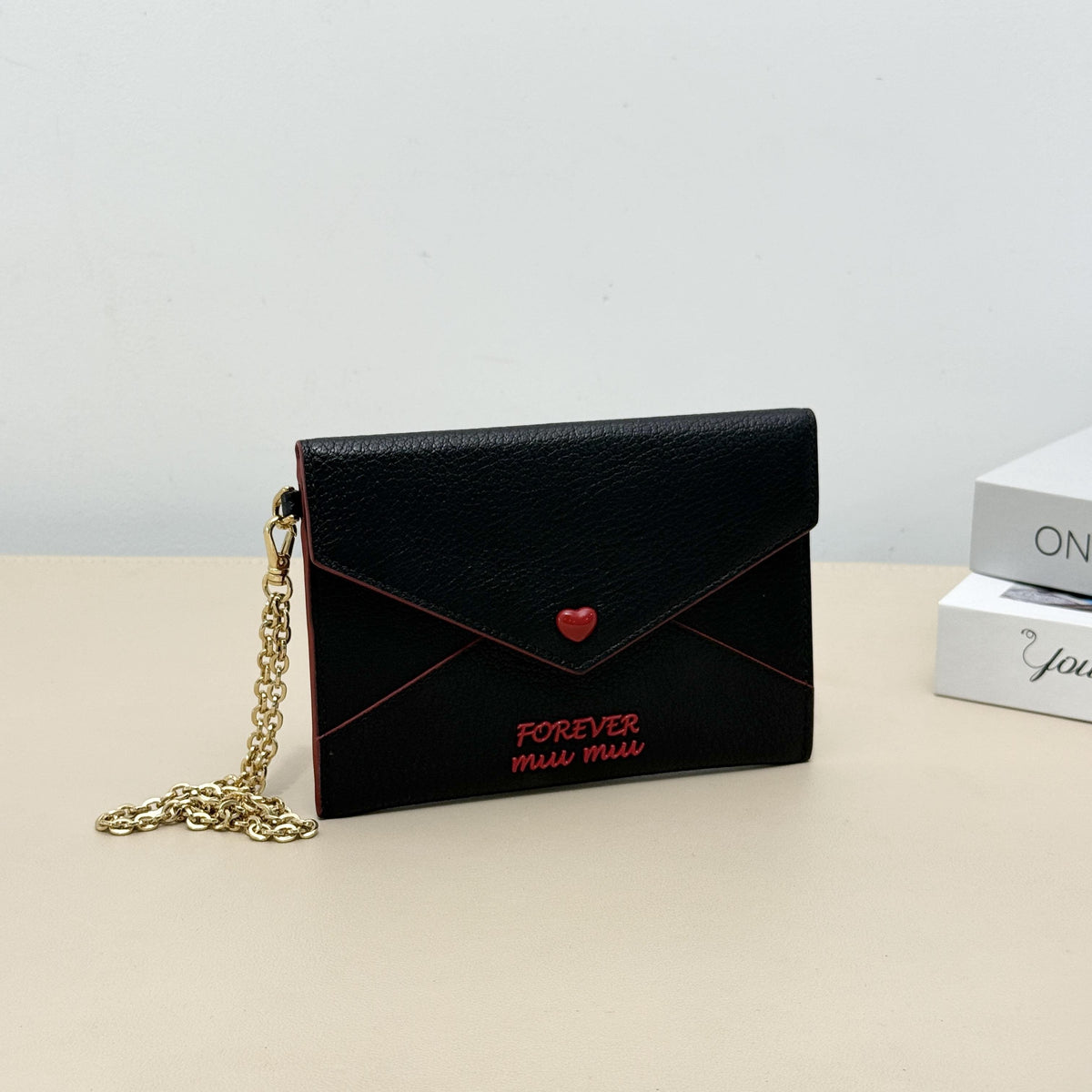 Miu Miu Black Grain Leather Heart Button Forever Envelope Chain Crossbody Wallet