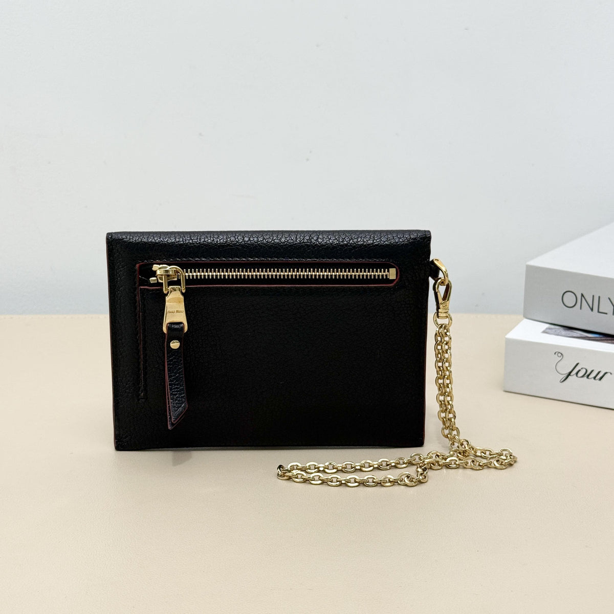 Miu Miu Black Grain Leather Heart Button Forever Envelope Chain Crossbody Wallet