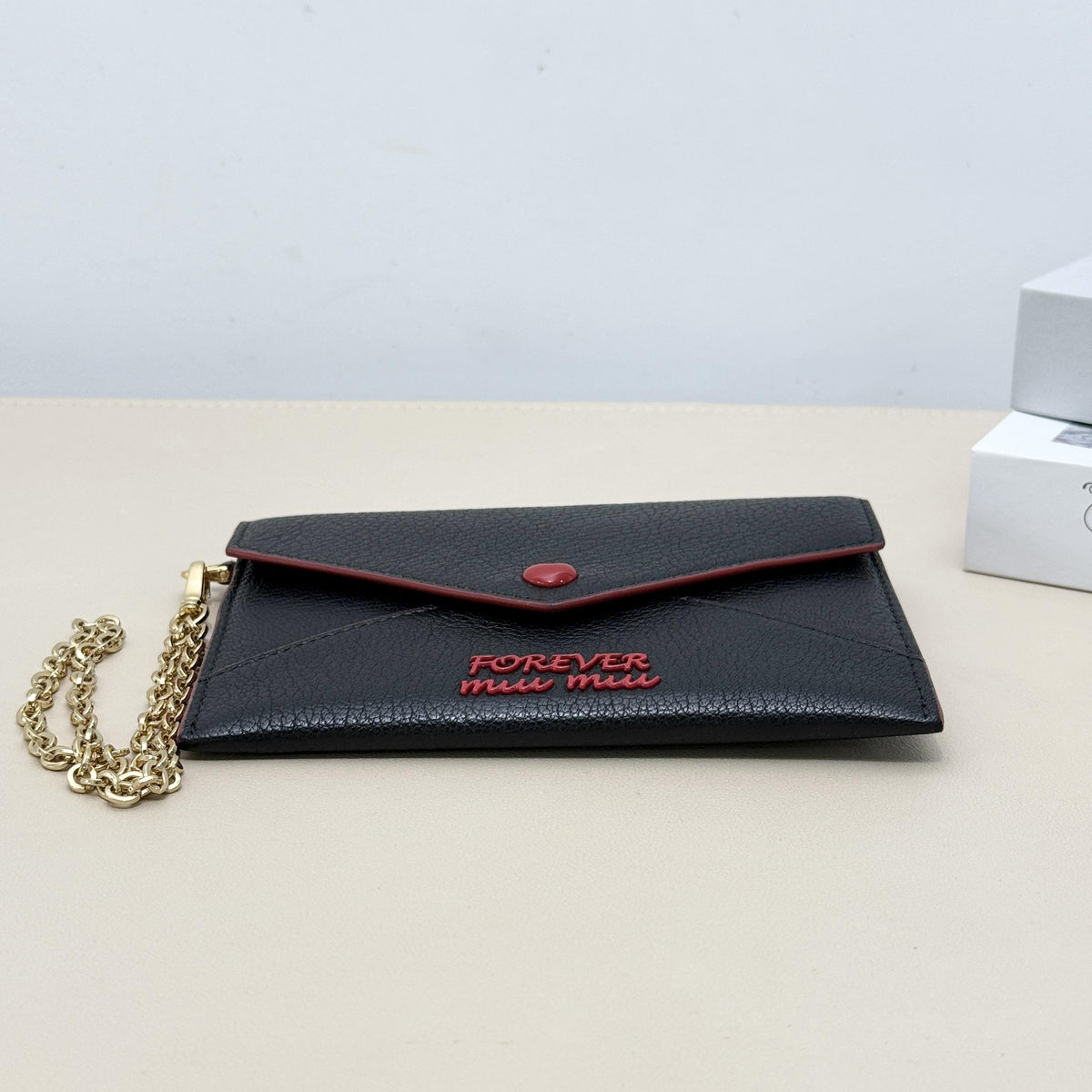 Miu Miu Black Grain Leather Heart Button Forever Envelope Chain Crossbody Wallet