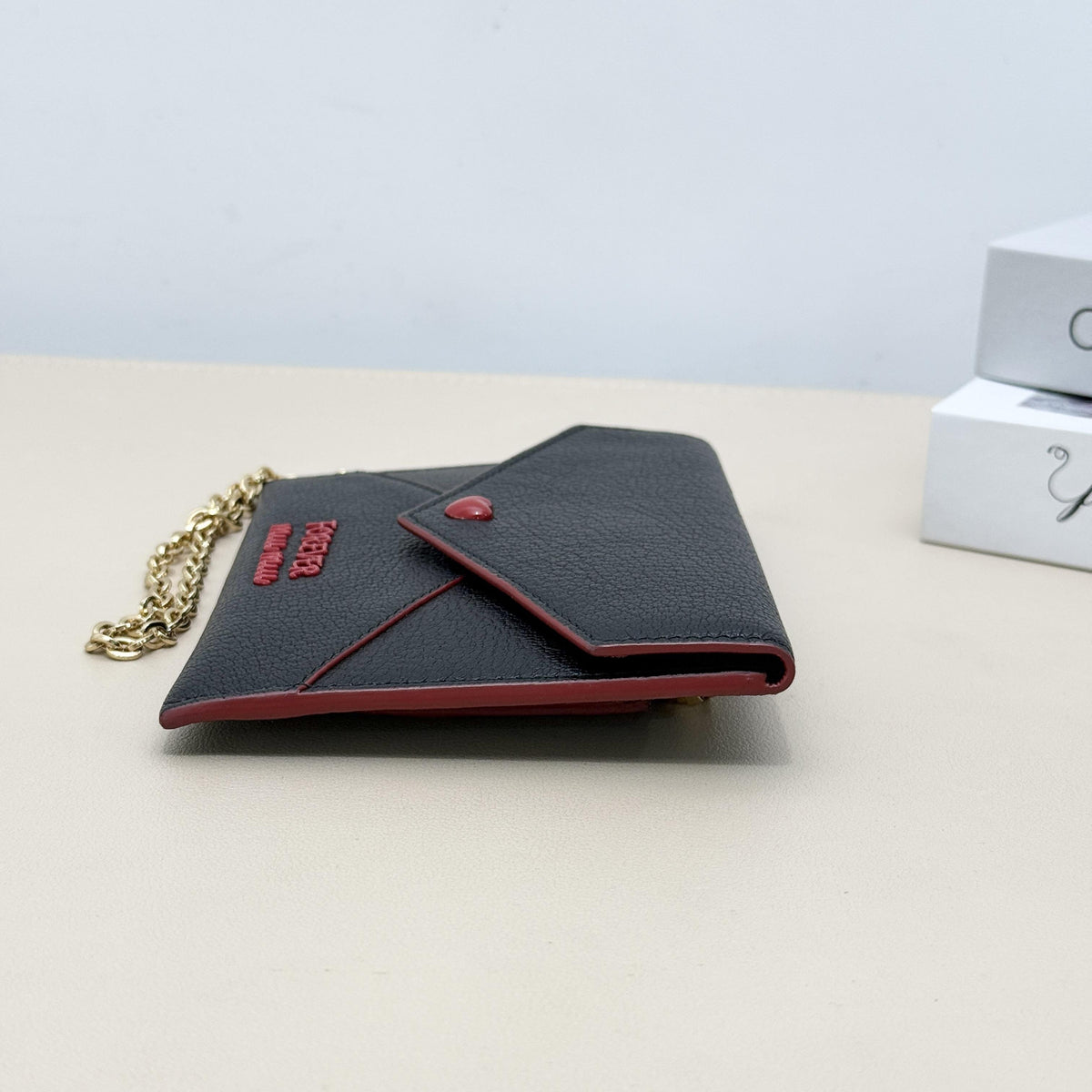 Miu Miu Black Grain Leather Heart Button Forever Envelope Chain Crossbody Wallet