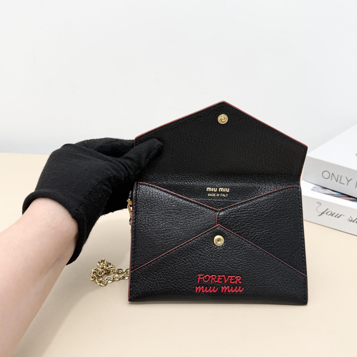 Miu Miu Black Grain Leather Heart Button Forever Envelope Chain Crossbody Wallet