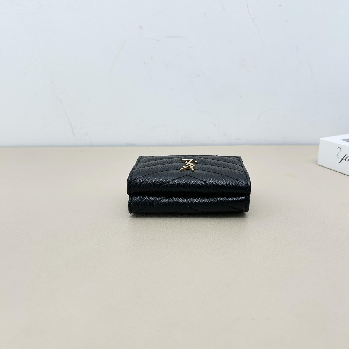 Yves Saint Laurent Black Grain Leather V Quilted Gold Logo Compact Card Wallet