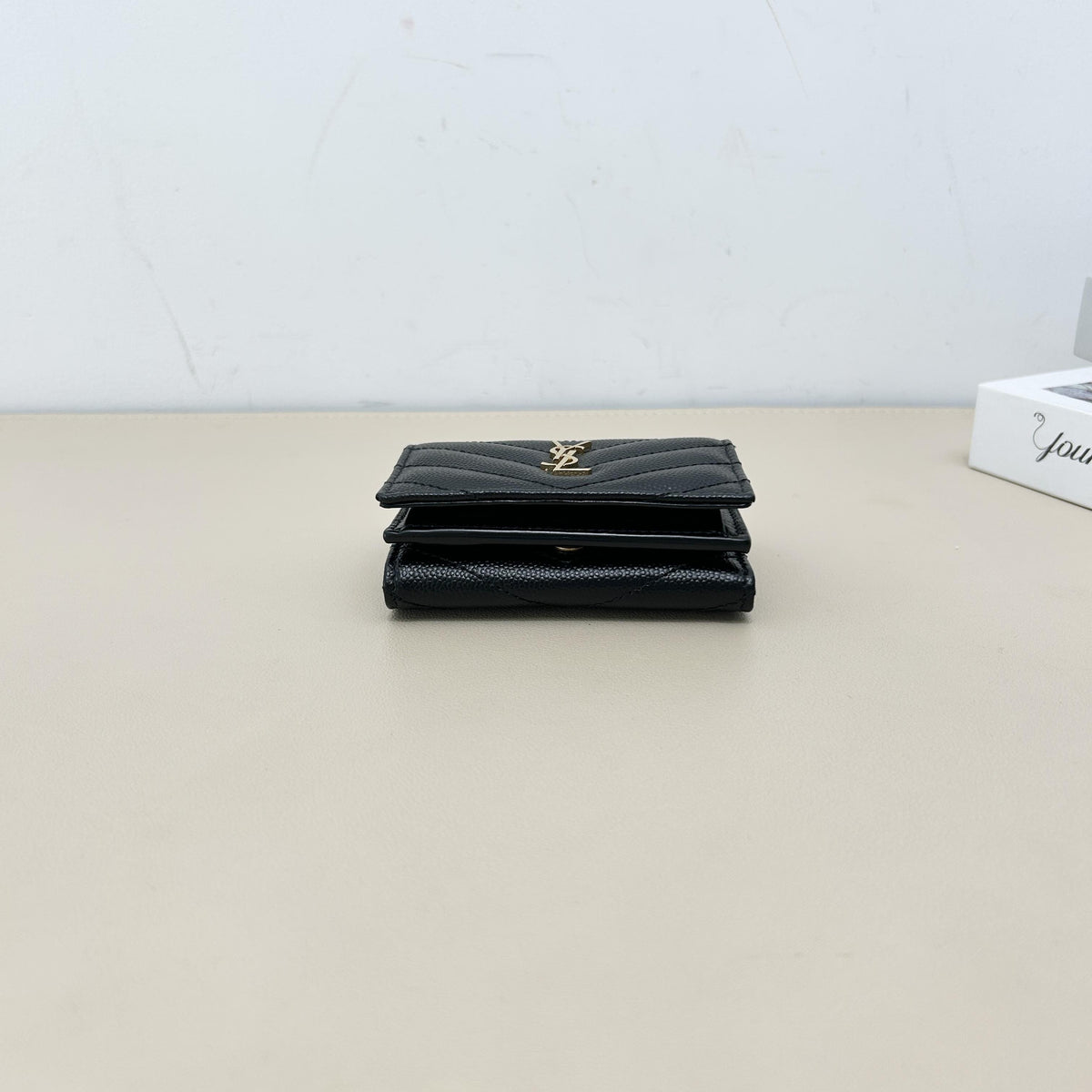 Yves Saint Laurent Black Grain Leather V Quilted Gold Logo Compact Card Wallet