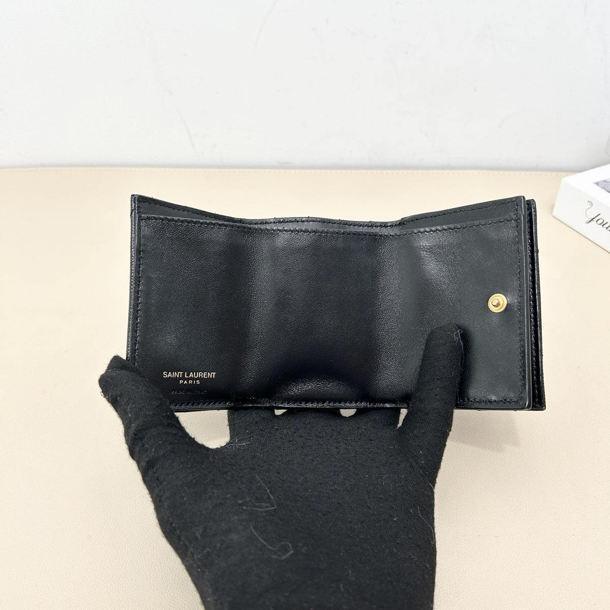 Yves Saint Laurent Black Grain Leather V Quilted Gold Logo Compact Card Wallet