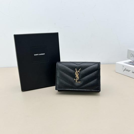Yves Saint Laurent Black Grain Leather V Quilted Gold Logo Compact Card Wallet