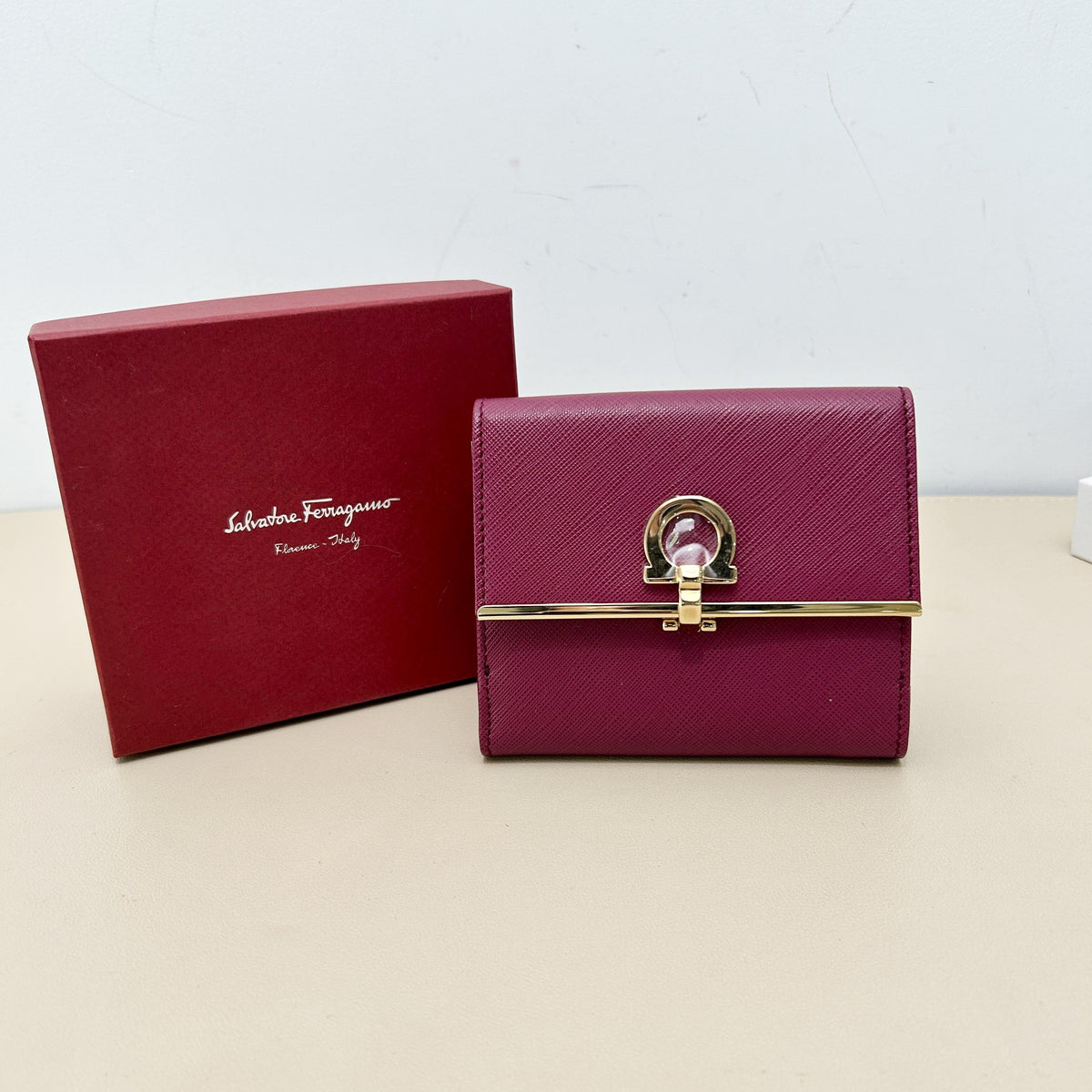 Fuchsia Saffiano Leather Gancini Gold Clasp Trifold Wallet