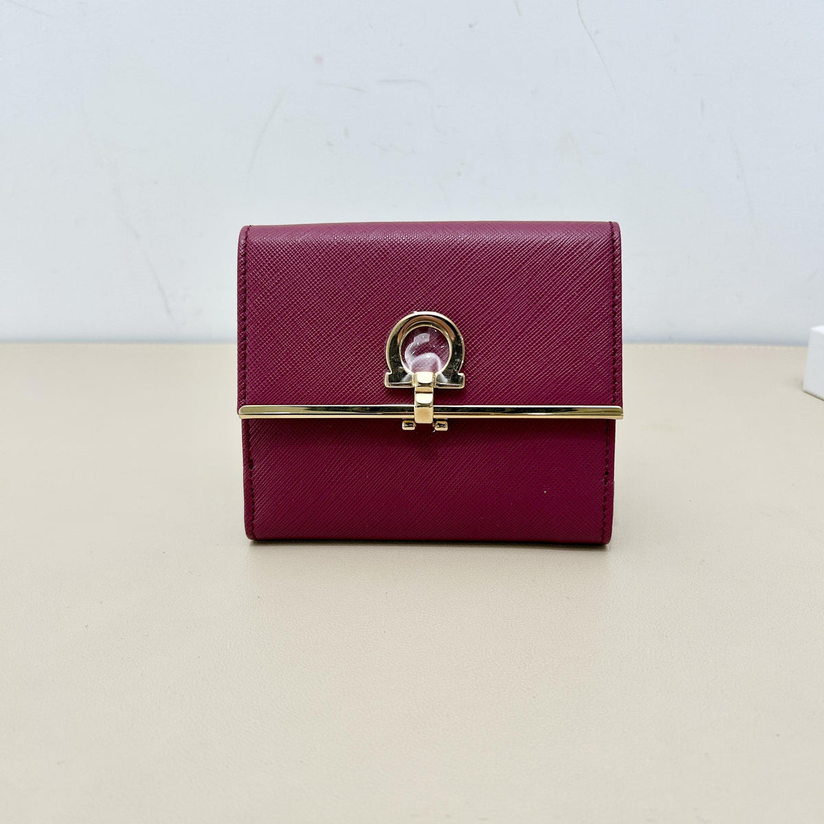 Fuchsia Saffiano Leather Gancini Gold Clasp Trifold Wallet