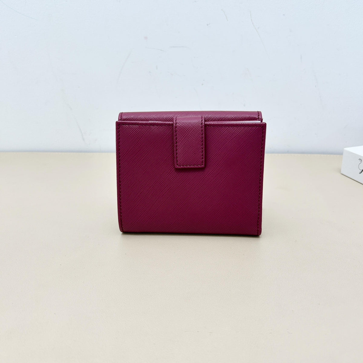 Fuchsia Saffiano Leather Gancini Gold Clasp Trifold Wallet